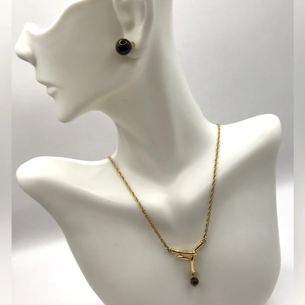 Trifari Gold-Tone & Tigers Eye Necklace and Earring Set - Picture 1 of 9